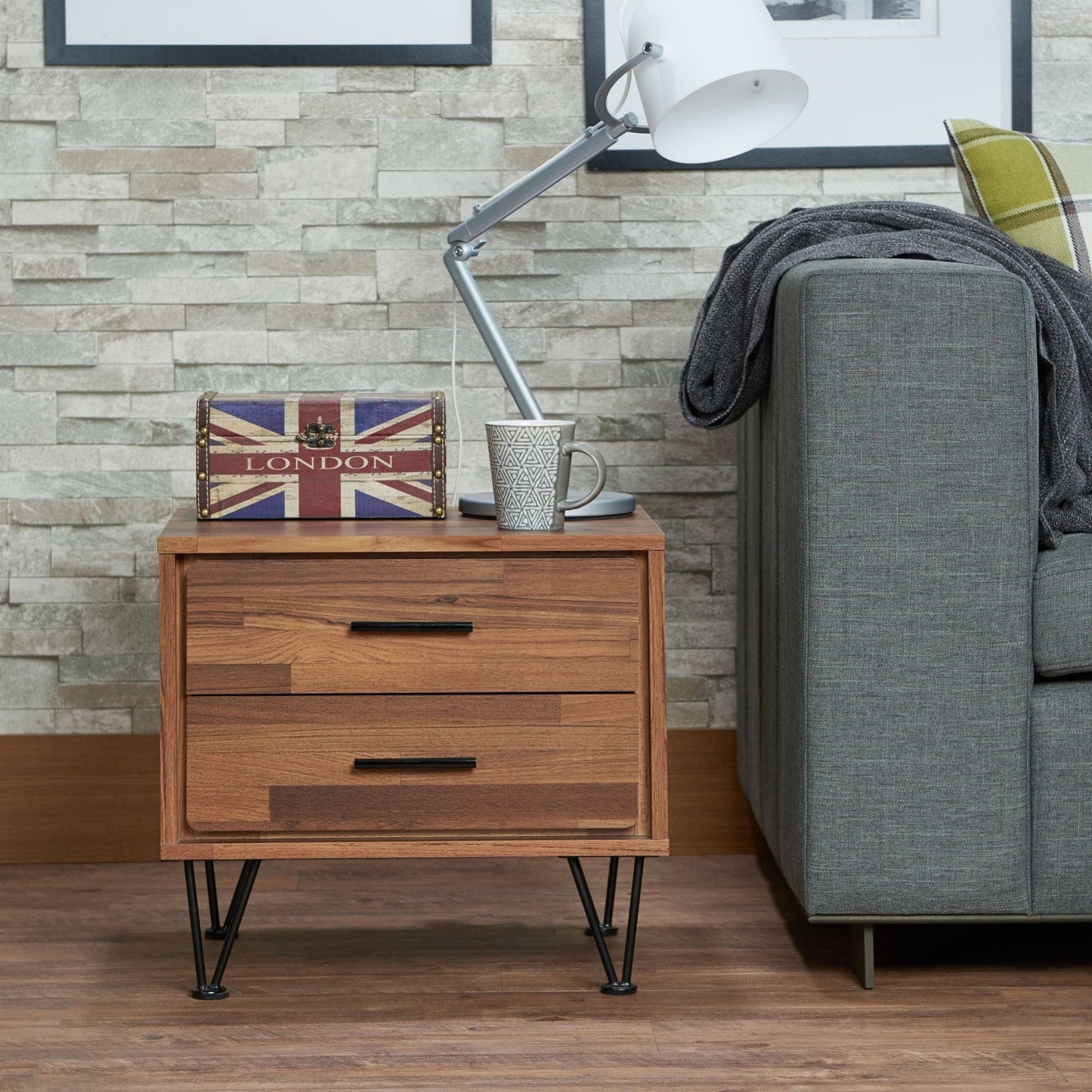 Walnut 2-Drawer Nightstand with Metal Legs - 1st Choice Furniture Direct