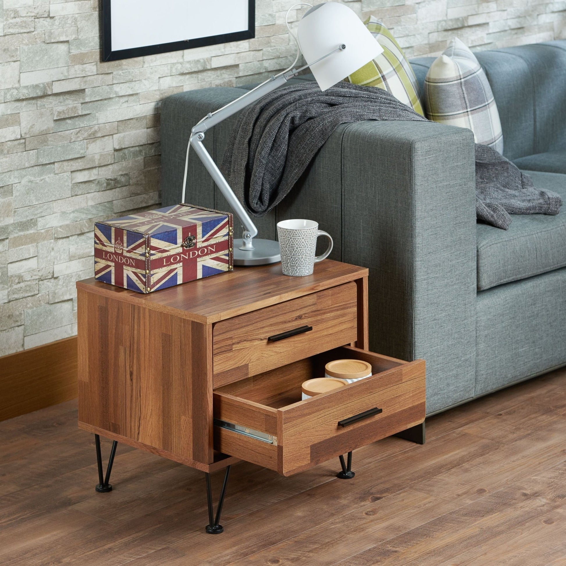 Walnut 2-Drawer Nightstand with Metal Legs - 1st Choice Furniture Direct