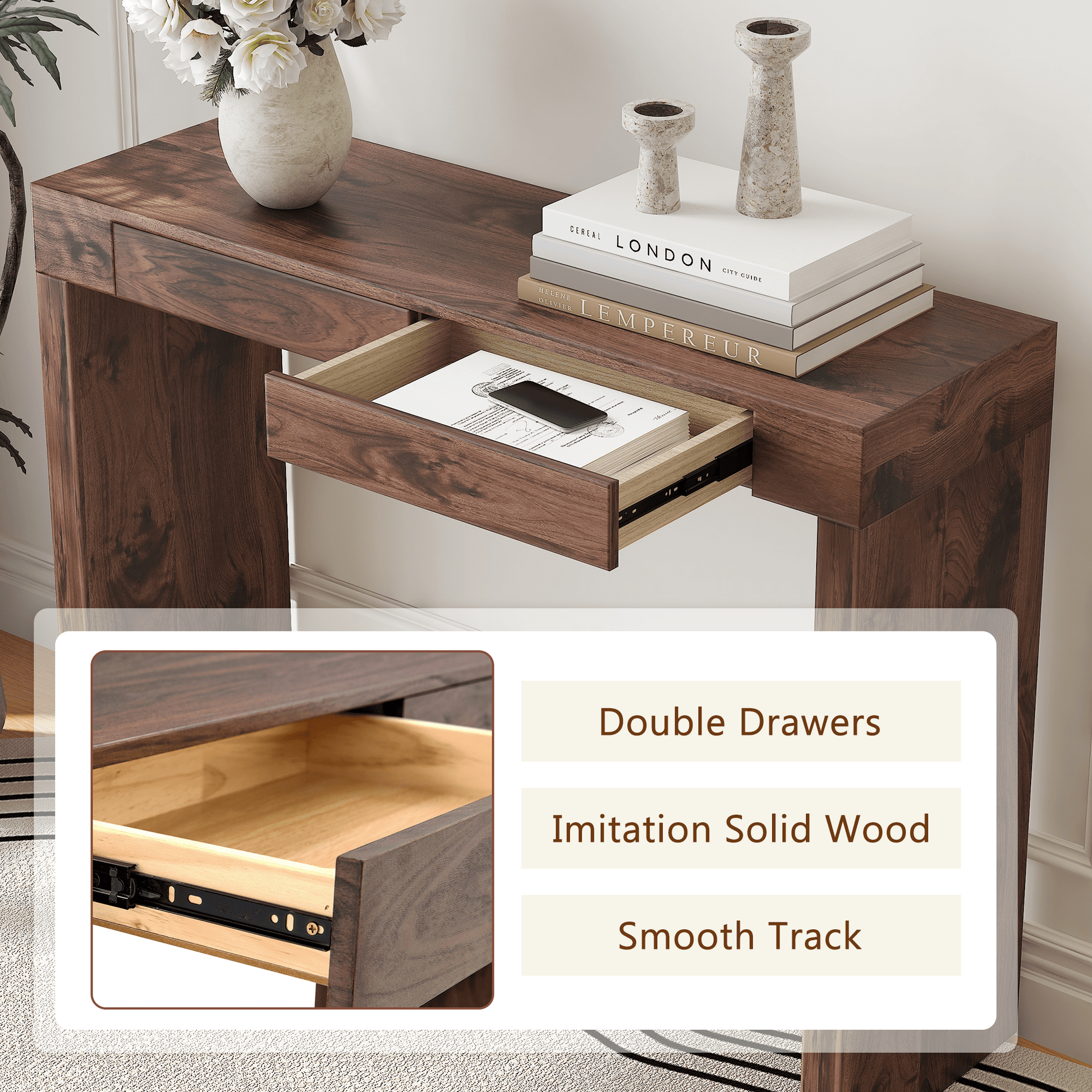 Walnut Bar Table with Storage Drawers | Modern Console Table - 1st Choice Furniture Direct