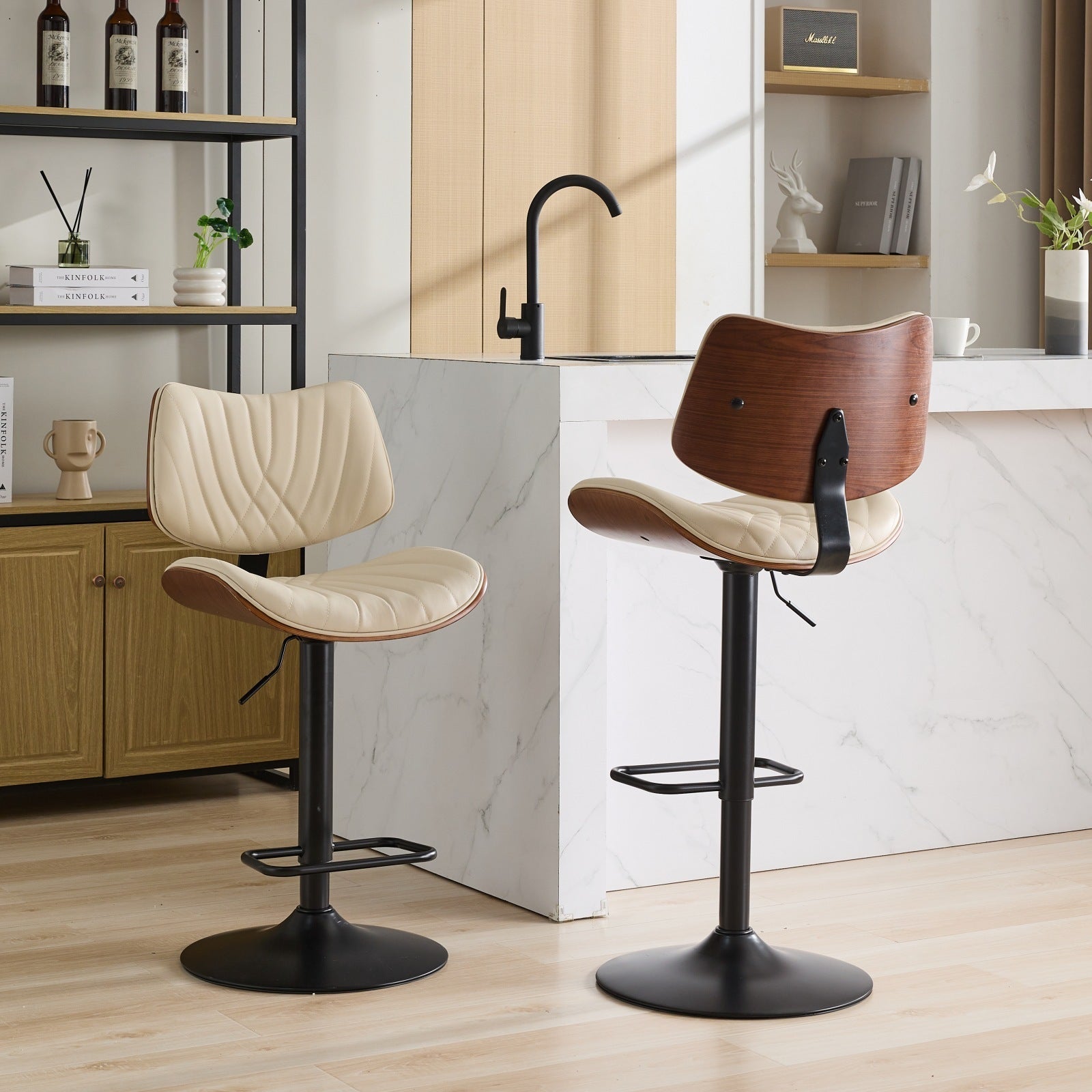 Walnut Bentwood Bar Stools Mid Century Modern Adjustable Counter Height Black Leather Upholstered 360°Swivel Bar Chairs for Kitchen Island/Dining Room/Cafe,Beige,Set of 2 - 1st Choice Furniture Direct
