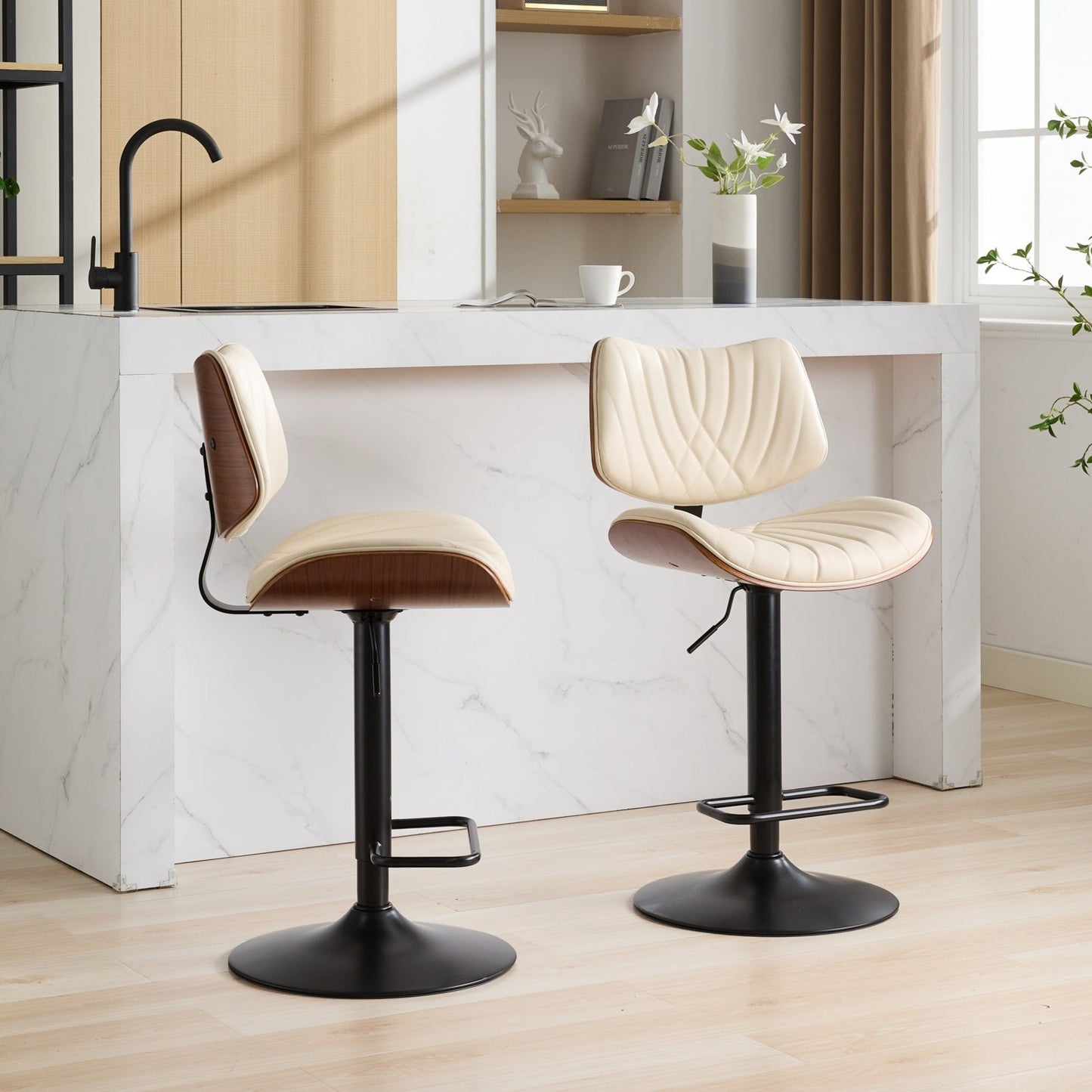 Walnut Bentwood Bar Stools Mid Century Modern Adjustable Counter Height Black Leather Upholstered 360°Swivel Bar Chairs for Kitchen Island/Dining Room/Cafe,Beige,Set of 2 - 1st Choice Furniture Direct