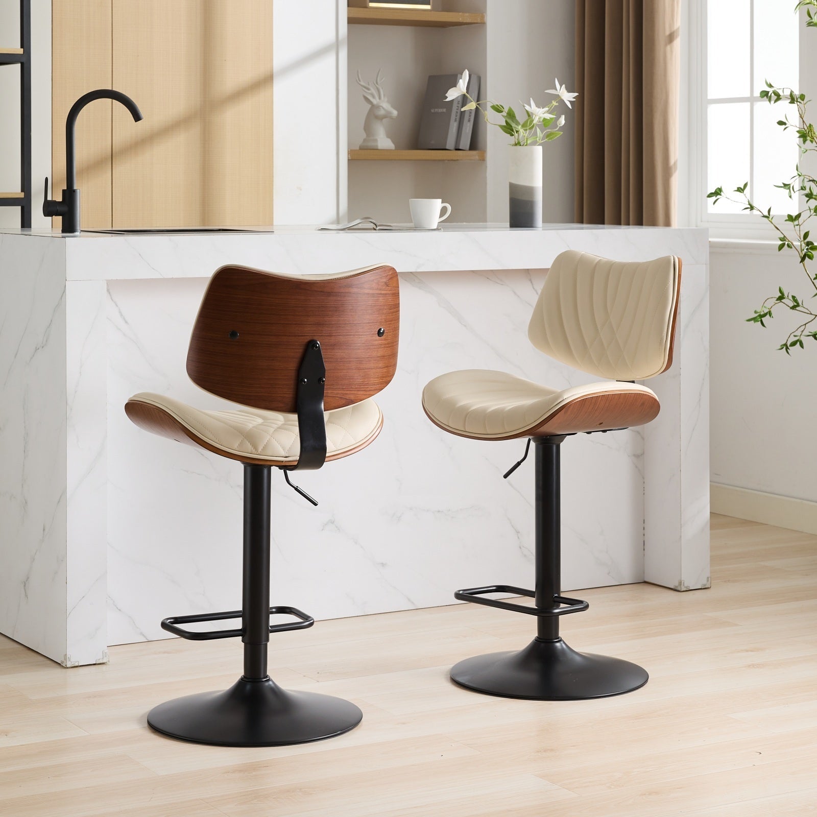 Walnut Bentwood Bar Stools Mid Century Modern Adjustable Counter Height Black Leather Upholstered 360°Swivel Bar Chairs for Kitchen Island/Dining Room/Cafe,Beige,Set of 2 - 1st Choice Furniture Direct