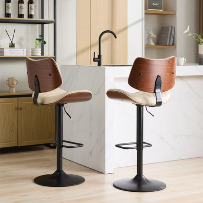 Walnut Bentwood Bar Stools Mid Century Modern Adjustable Counter Height Black Leather Upholstered 360°Swivel Bar Chairs for Kitchen Island/Dining Room/Cafe,Beige,Set of 2 - 1st Choice Furniture Direct