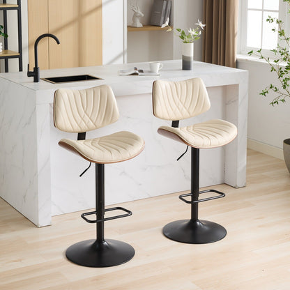 Walnut Bentwood Bar Stools Mid Century Modern Adjustable Counter Height Black Leather Upholstered 360°Swivel Bar Chairs for Kitchen Island/Dining Room/Cafe,Beige,Set of 2 - 1st Choice Furniture Direct