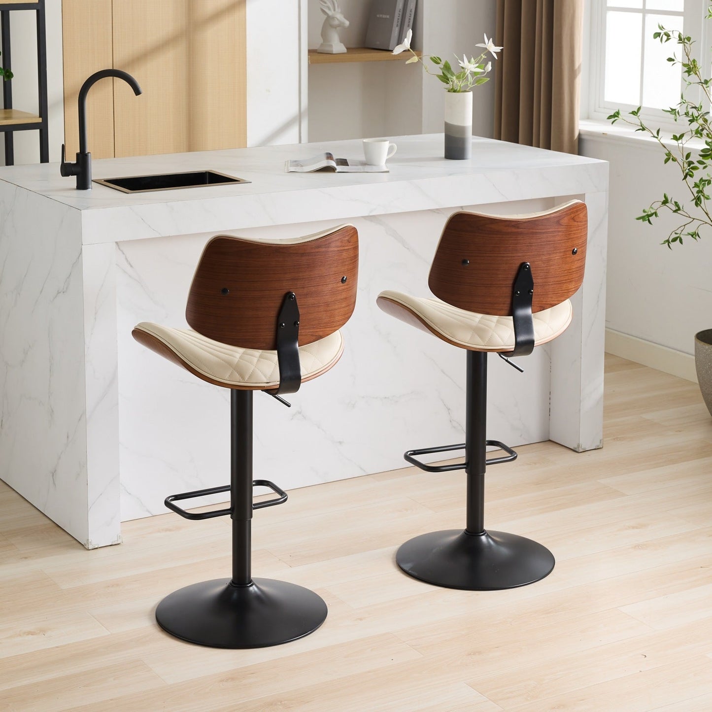 Walnut Bentwood Bar Stools Mid Century Modern Adjustable Counter Height Black Leather Upholstered 360°Swivel Bar Chairs for Kitchen Island/Dining Room/Cafe,Beige,Set of 2 - 1st Choice Furniture Direct