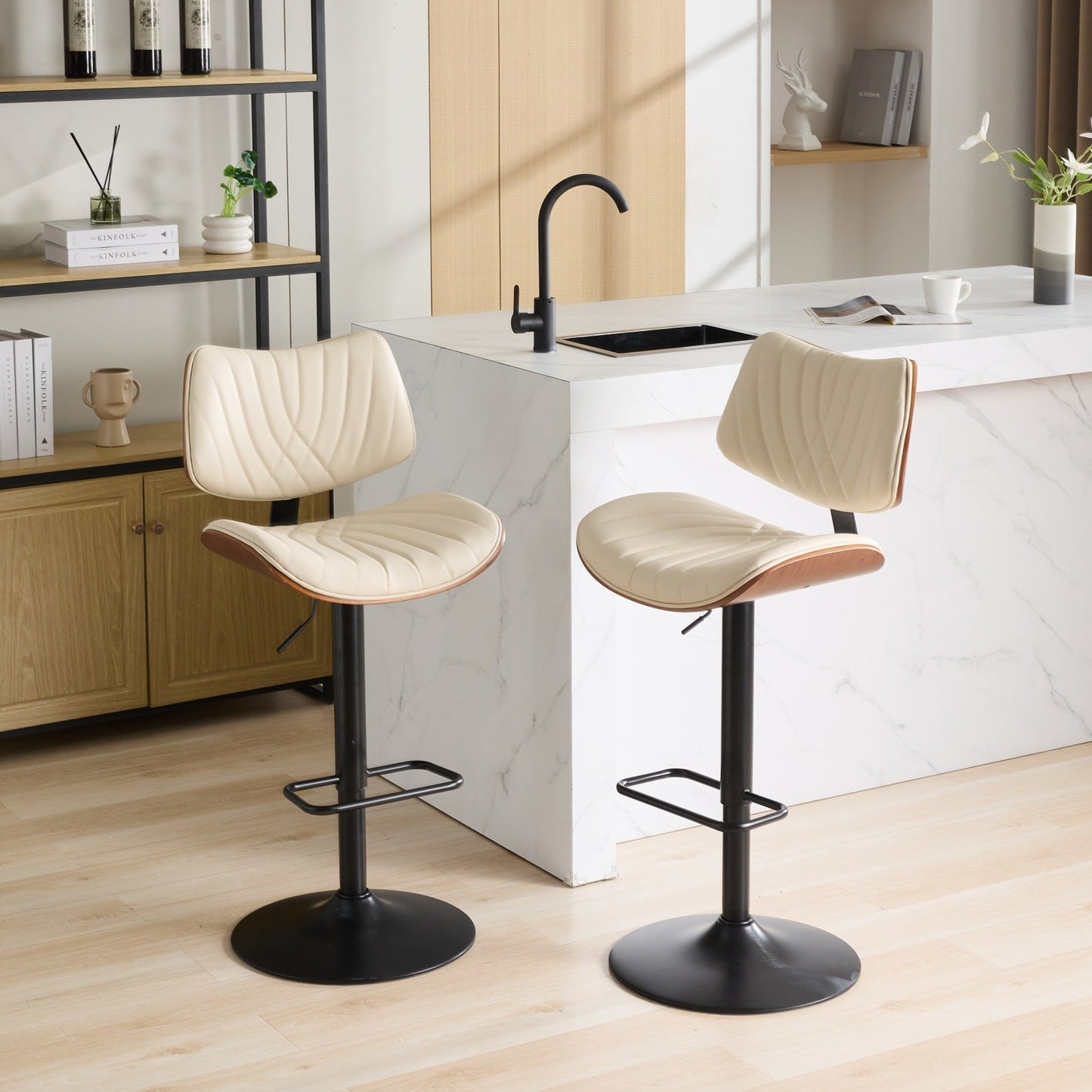 Walnut Bentwood Bar Stools Mid Century Modern Adjustable Counter Height Black Leather Upholstered 360°Swivel Bar Chairs for Kitchen Island/Dining Room/Cafe,Beige,Set of 2 - 1st Choice Furniture Direct