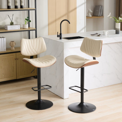 Walnut Bentwood Bar Stools Mid Century Modern Adjustable Counter Height Black Leather Upholstered 360°Swivel Bar Chairs for Kitchen Island/Dining Room/Cafe,Beige,Set of 2 - 1st Choice Furniture Direct