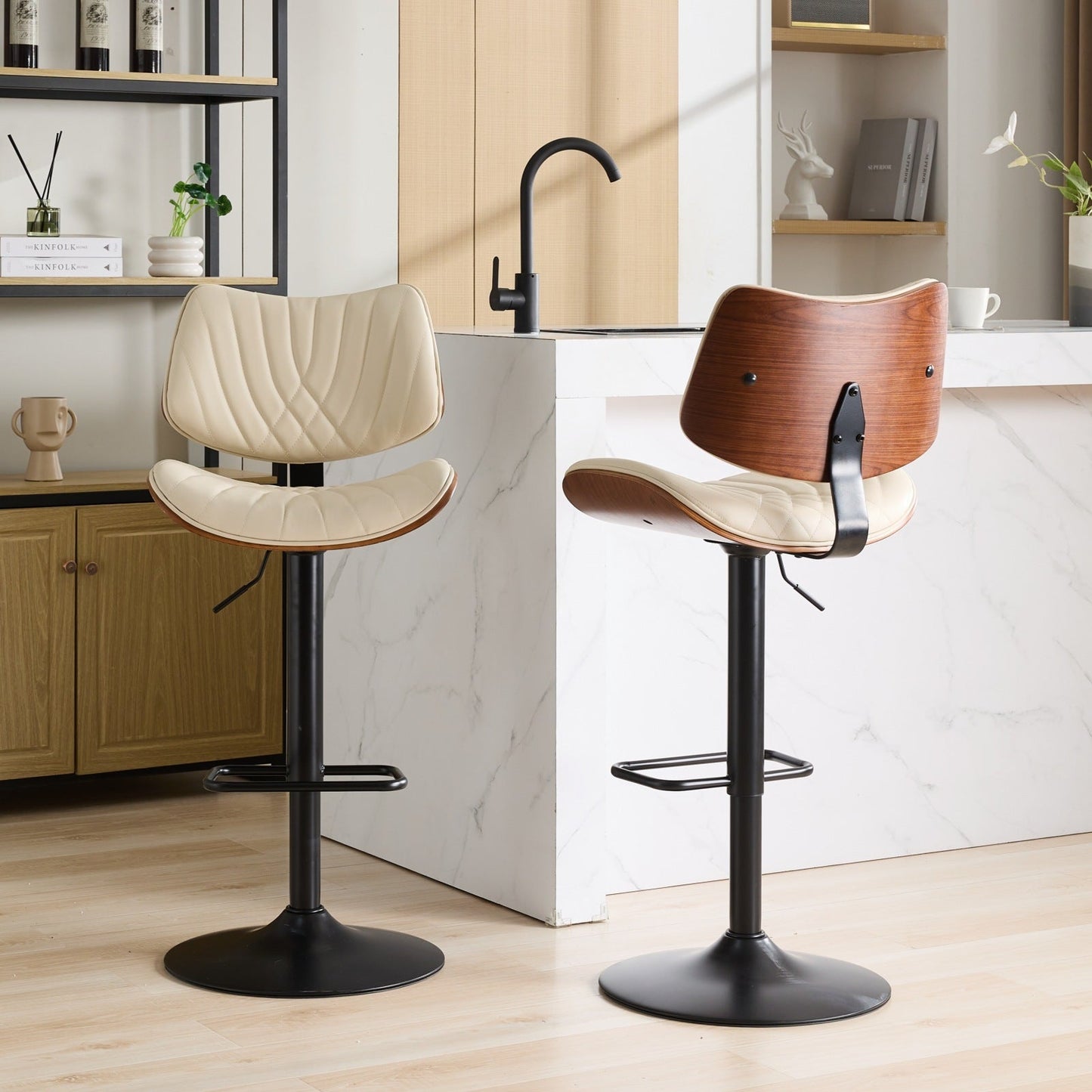 Walnut Bentwood Bar Stools Mid Century Modern Adjustable Counter Height Black Leather Upholstered 360°Swivel Bar Chairs for Kitchen Island/Dining Room/Cafe,Beige,Set of 2 - 1st Choice Furniture Direct