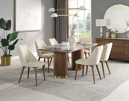 Walnut Ceramic Top Dining Table with Double Pedestal Base - 1st Choice Furniture Direct