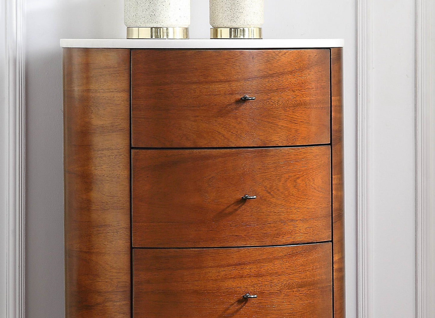 Walnut Finish 1pc Chest of Five Drawers Marble Top Ball Bearing Glides Bedroom Furniture - 1st Choice Furniture Direct