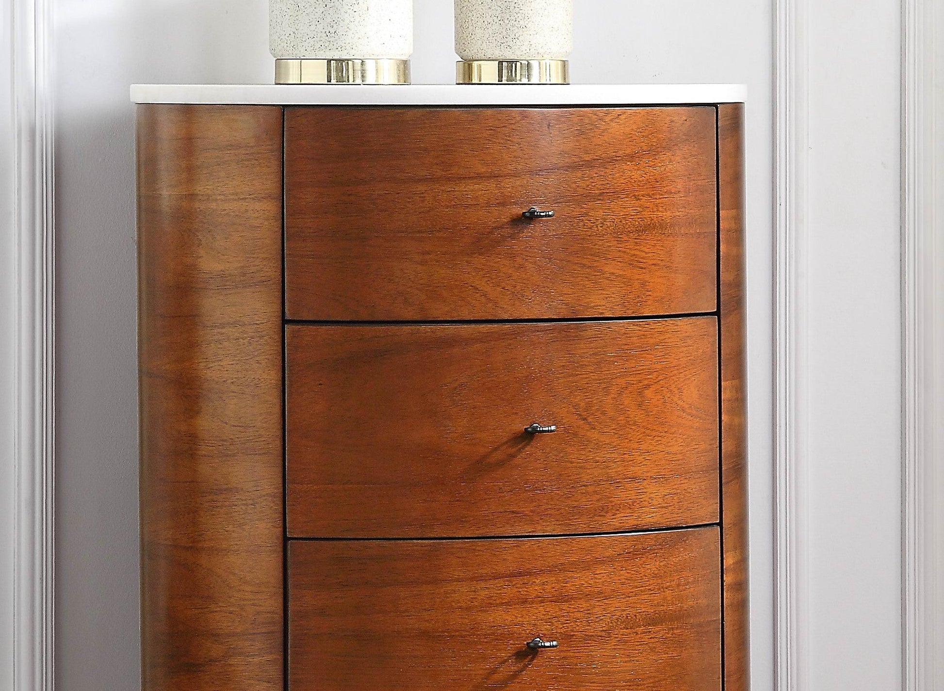 Walnut Finish 1pc Chest of Five Drawers Marble Top Ball Bearing Glides Bedroom Furniture - 1st Choice Furniture Direct