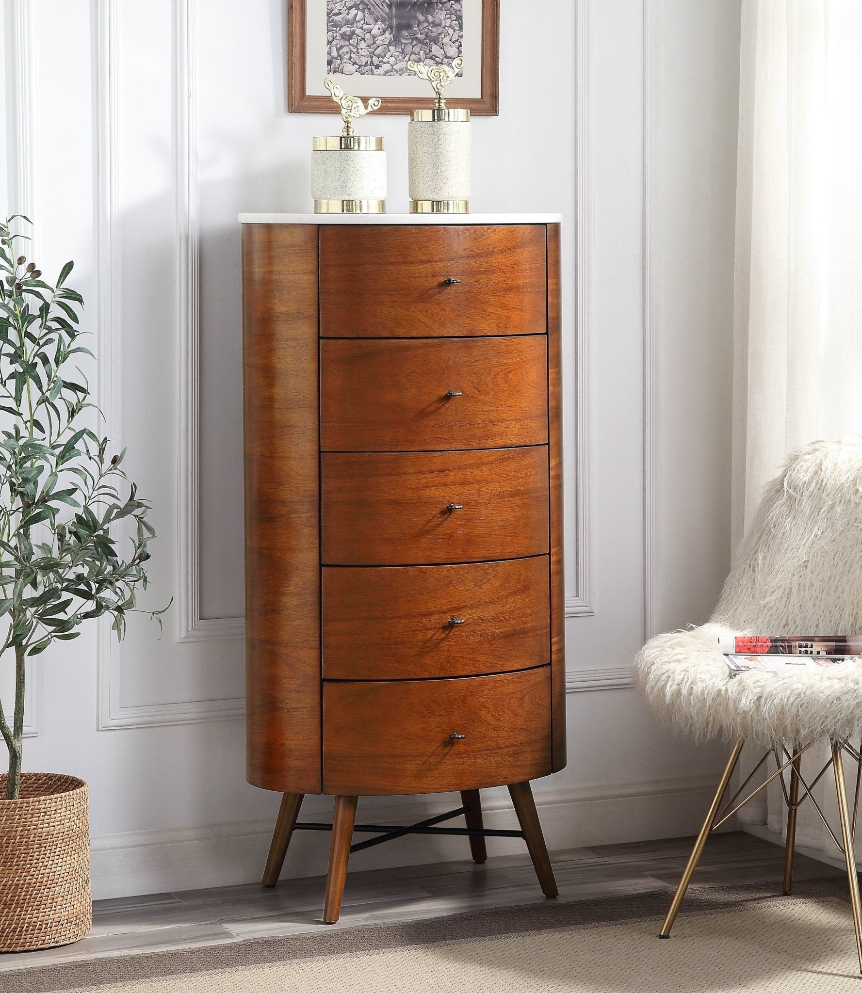 Walnut Finish 1pc Chest of Five Drawers Marble Top Ball Bearing Glides Bedroom Furniture - 1st Choice Furniture Direct