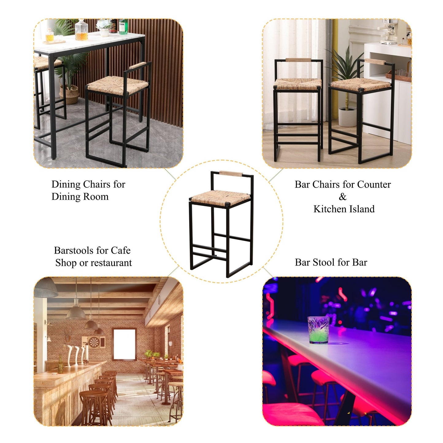 Water Hyacinth Bar Stools Set of 2 | Natural Woven Counter Chairs with Metal Frame - 1st Choice Furniture Direct