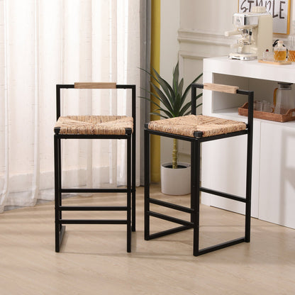 Water Hyacinth Bar Stools Set of 2 | Natural Woven Counter Chairs with Metal Frame - 1st Choice Furniture Direct