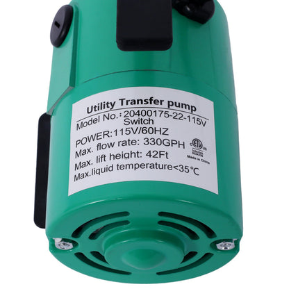 Water Transfer Pump, 115V 330 Gallon Per Hour - Portable Electric Utility Pump with ON/OFF Switch and 6' Water Hose Kit - Remove Water From Garden, Hot Tub, Pool, Aquariums, and More - 1st Choice Furniture Direct