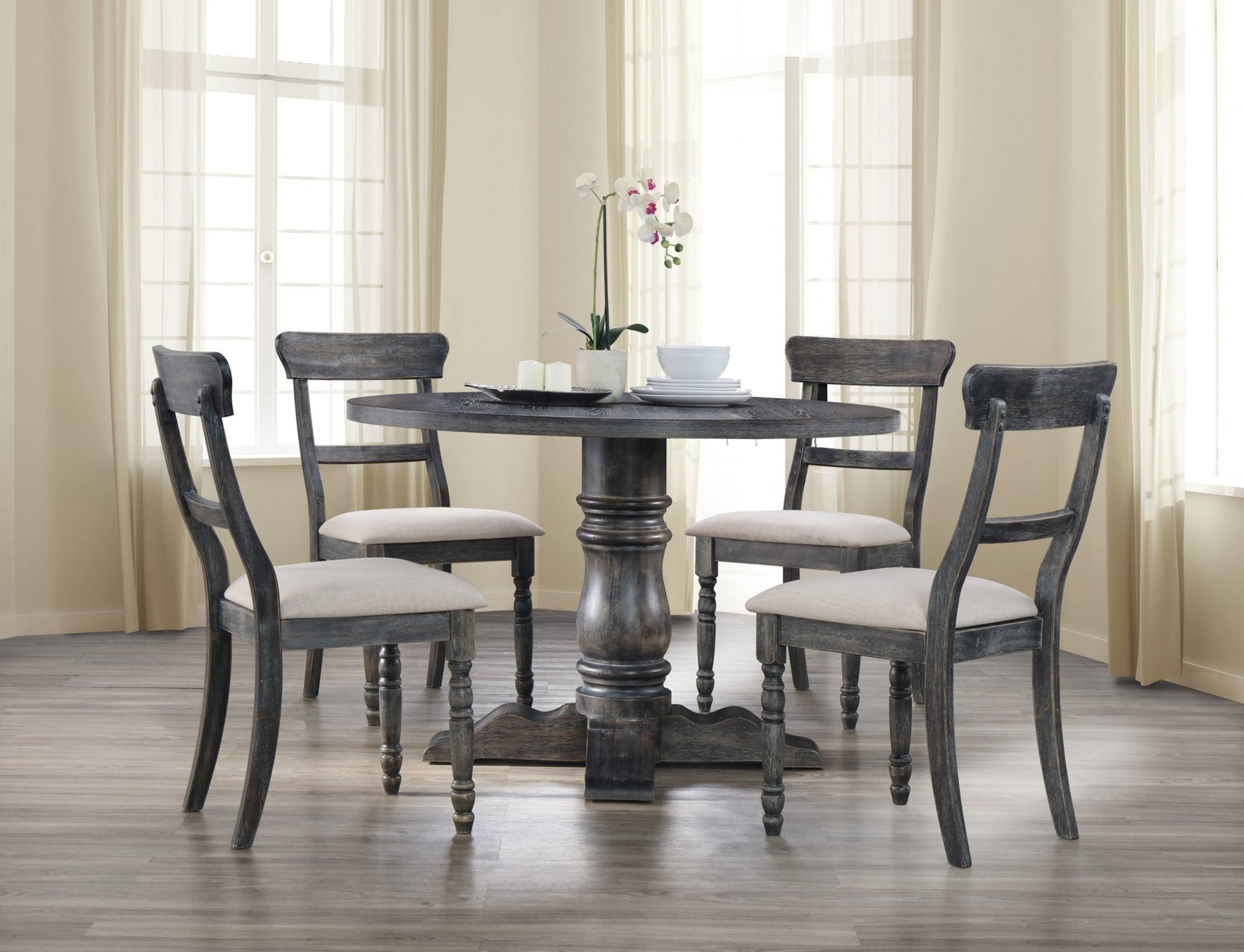 Weathered Gray Round Dining Table with Pedestal Base - 1st Choice Furniture Direct