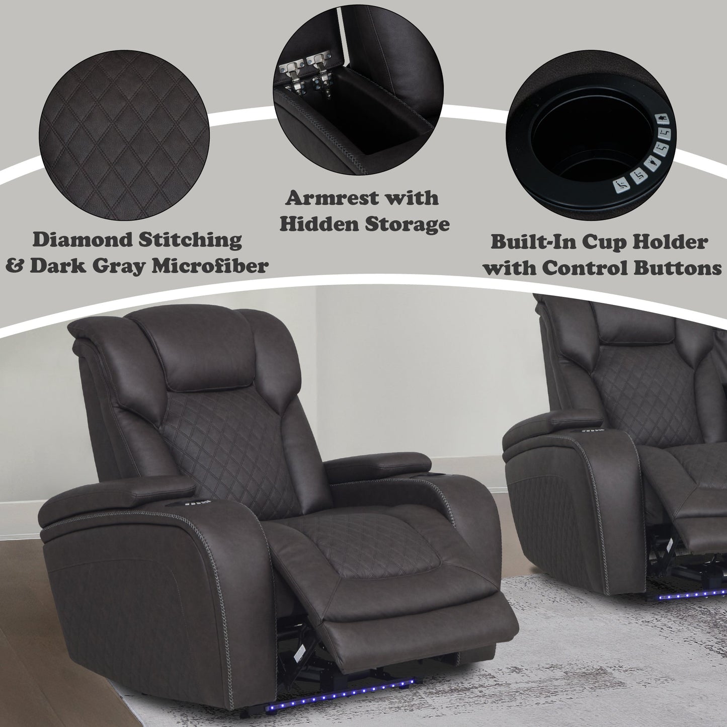 Wendell Dark Gray Microfiber Power Motion Recliner w/Storage, USB & LED - 1st Choice Furniture Direct