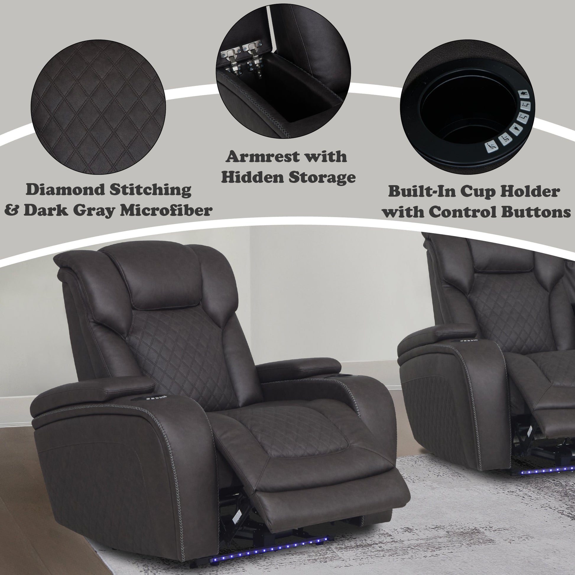 Wendell Dark Gray Microfiber Power Motion Recliner w/Storage, USB & LED - 1st Choice Furniture Direct