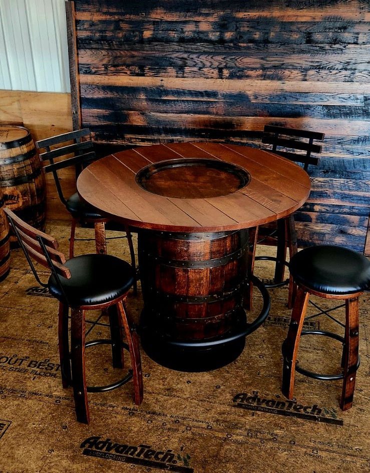 Whiskey Barrel 42" Bar Height Comes with 5 Leather Barstools - 1st Choice Furniture Direct