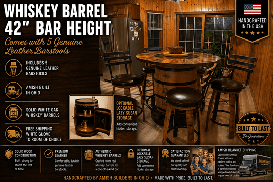 Whiskey Barrel 42" Bar Height Comes with 5 Leather Barstools - 1st Choice Furniture Direct