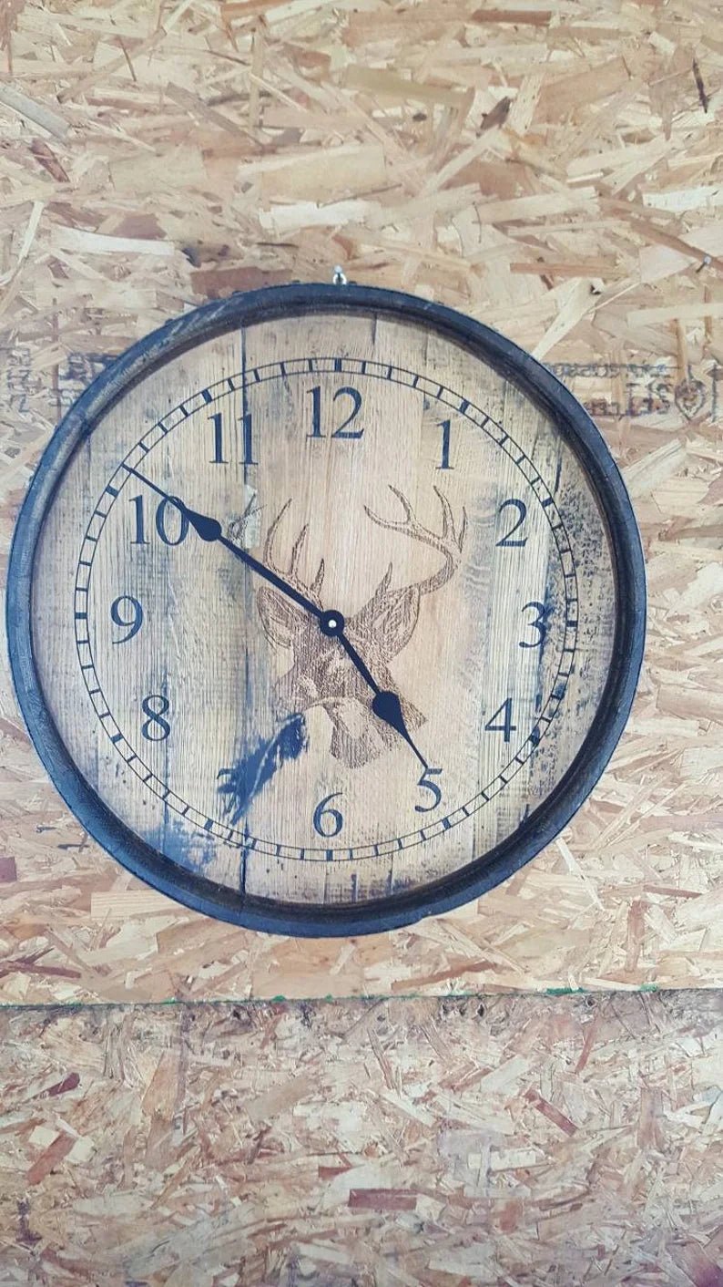 Whiskey Barrel Clock (whitetail deer) - 1st Choice Furniture Direct