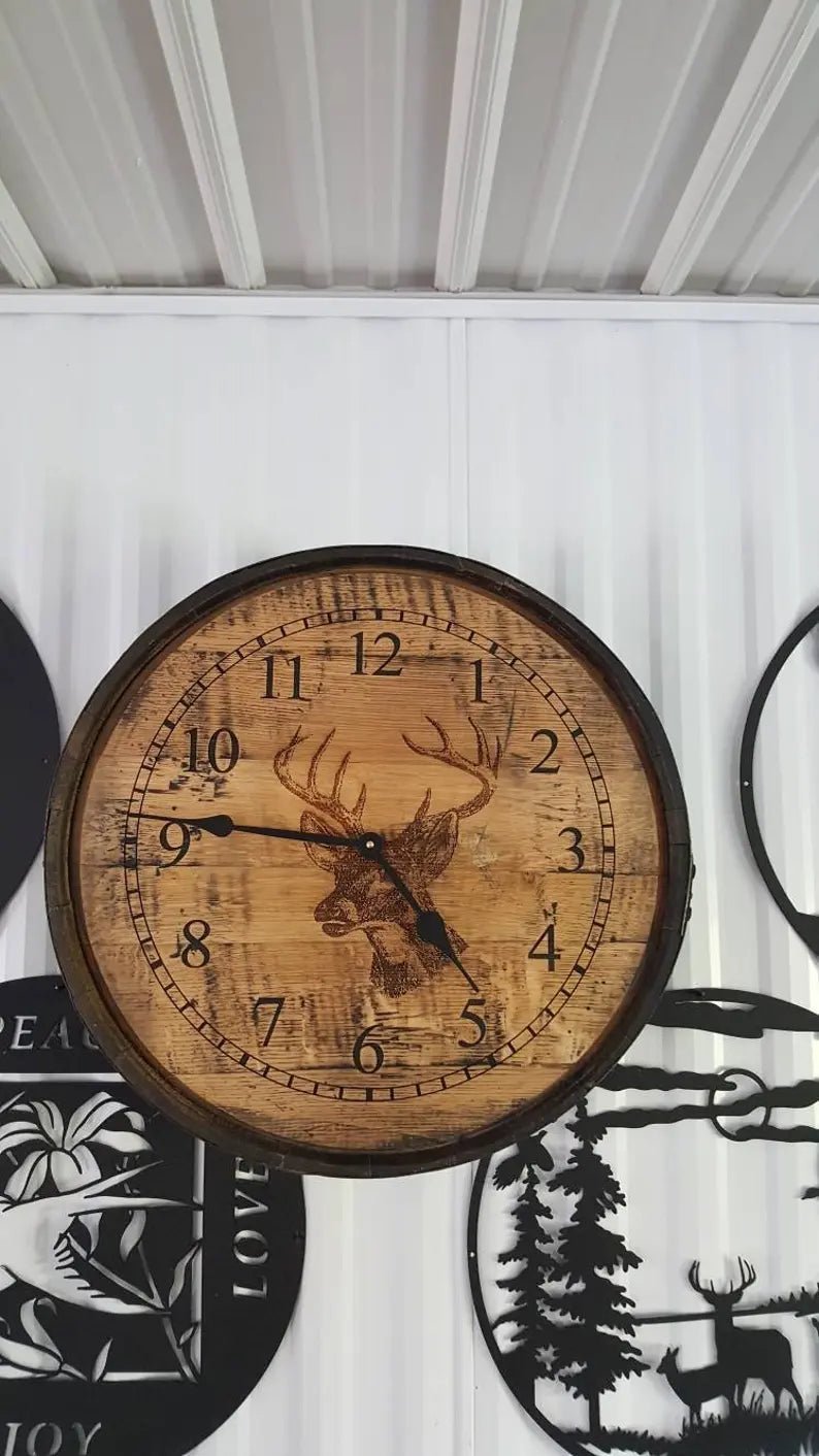 Whiskey Barrel Clock (whitetail deer) - 1st Choice Furniture Direct