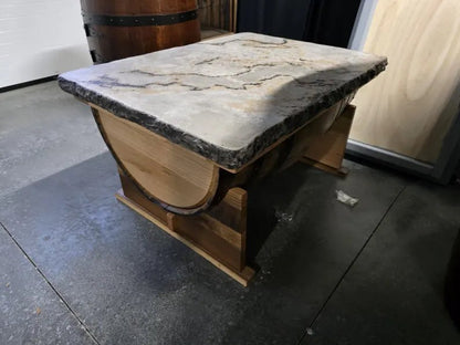 Whiskey Barrel Coffee Table with Concrete Top | Reclaimed Barn Wood Base Rustic Table - 1st Choice Furniture Direct