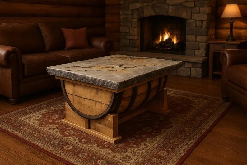 Whiskey Barrel Coffee Table with Concrete Top | Reclaimed Barn Wood Base Rustic Table - 1st Choice Furniture Direct