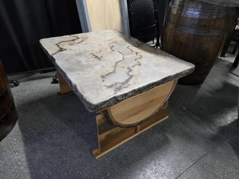 Whiskey Barrel Coffee Table with Concrete Top | Reclaimed Barn Wood Base Rustic Table - 1st Choice Furniture Direct
