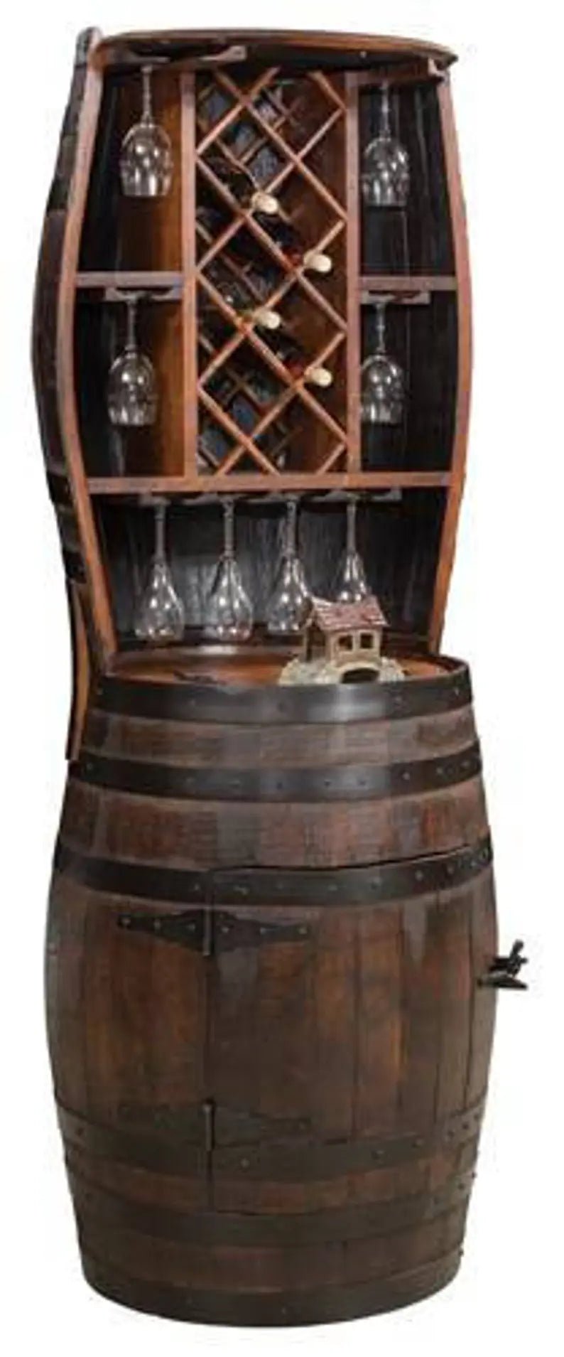 Whiskey Barrel Hutch Cabinet – Rustic Bar Cabinet with Lazy Susan & Wine Glass Rack - 1st Choice Furniture Direct