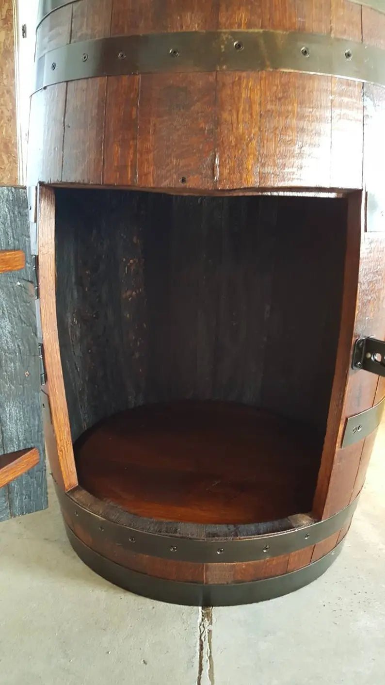 Whiskey Barrel Hutch Cabinet – Rustic Bar Cabinet with Lazy Susan & Wine Glass Rack - 1st Choice Furniture Direct