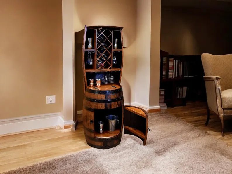Whiskey Barrel Hutch Cabinet – Rustic Bar Cabinet with Lazy Susan & Wine Glass Rack - 1st Choice Furniture Direct