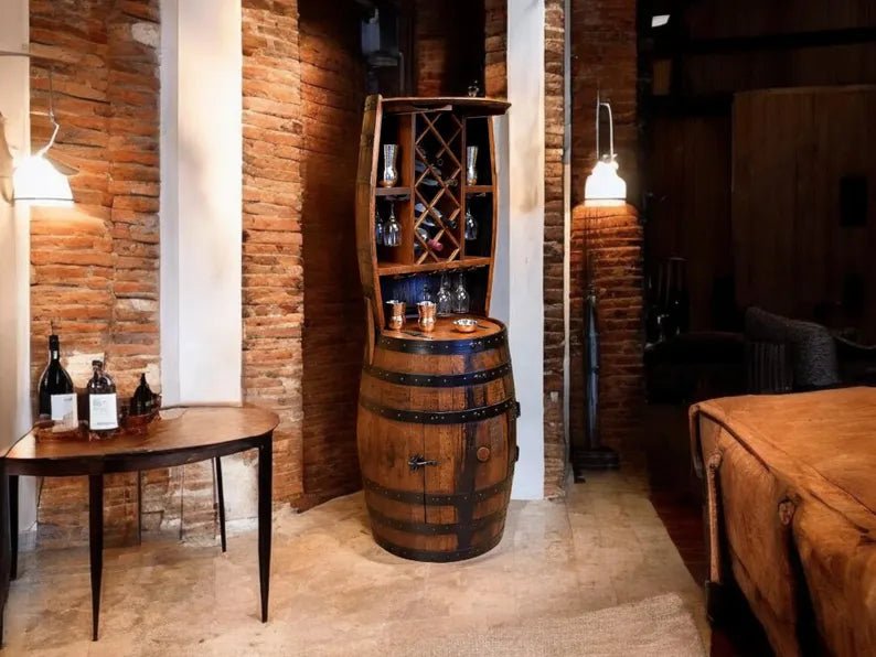 Whiskey Barrel Hutch Cabinet – Rustic Bar Cabinet with Lazy Susan & Wine Glass Rack - 1st Choice Furniture Direct