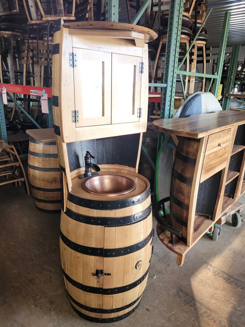Whiskey Barrel Hutch Vanity with Copper Sink & Storage | Authentic Bourbon Barrel Cabinet - 1st Choice Furniture Direct