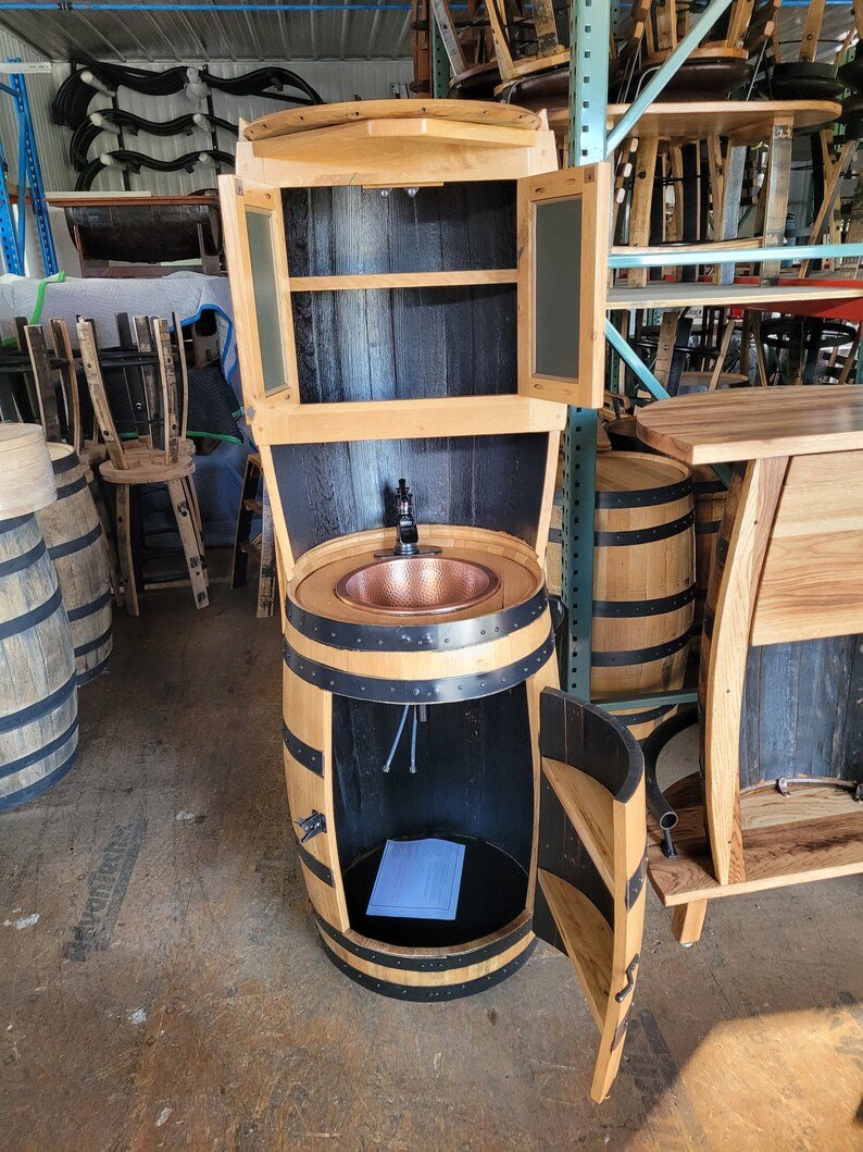 Whiskey Barrel Hutch Vanity with Copper Sink & Storage | Authentic Bourbon Barrel Cabinet - 1st Choice Furniture Direct