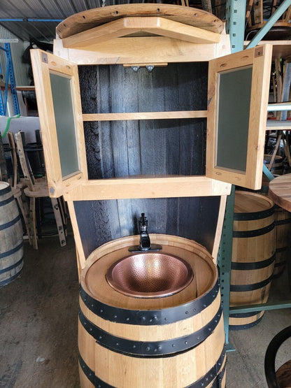 Whiskey Barrel Hutch Vanity with Copper Sink & Storage | Authentic Bourbon Barrel Cabinet - 1st Choice Furniture Direct