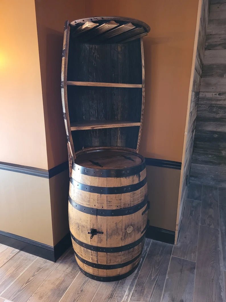 Whiskey Barrel Hutch with Burnt Hickory Shelves | Authentic Bourbon Barrel Display Cabinet - 1st Choice Furniture Direct