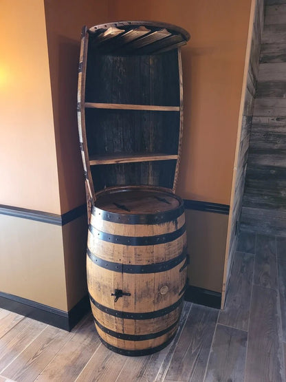 Whiskey Barrel Hutch with Burnt Hickory Shelves | Authentic Bourbon Barrel Display Cabinet - 1st Choice Furniture Direct