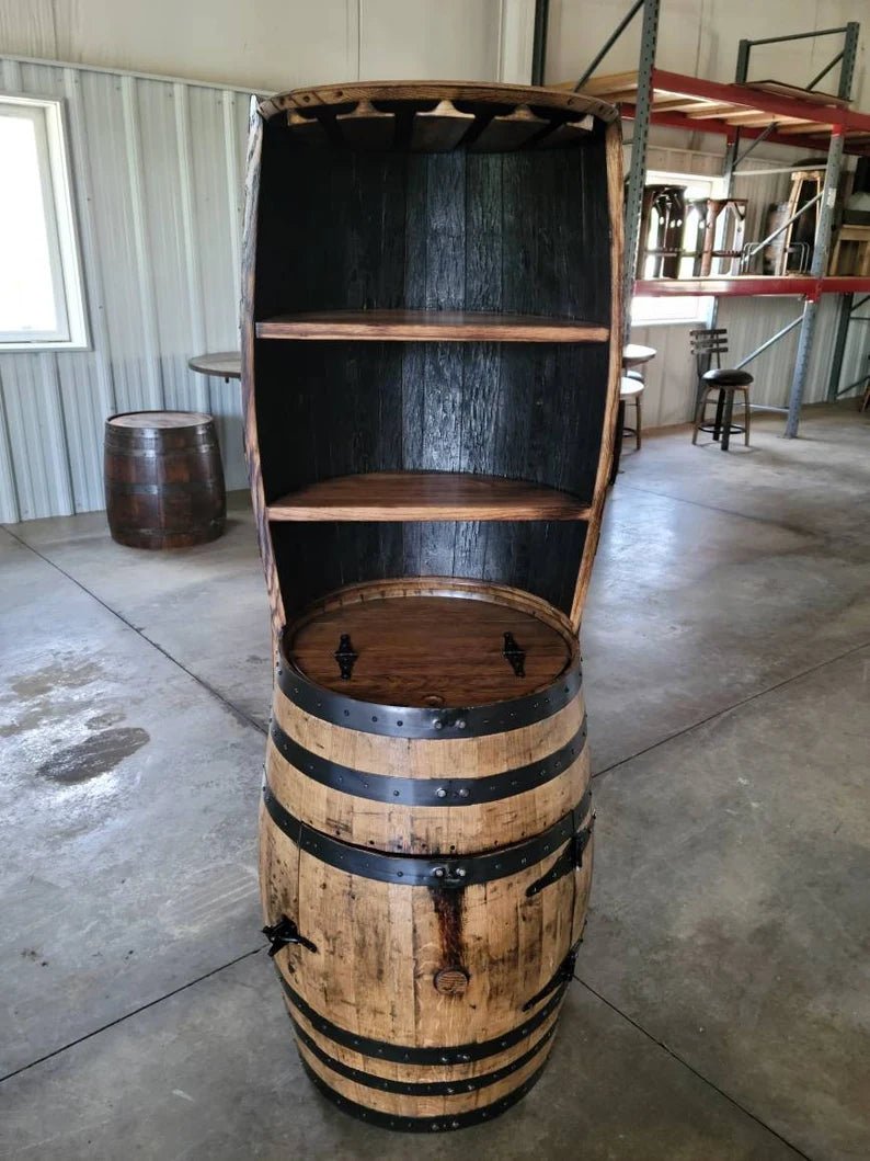 Whiskey Barrel Hutch with Burnt Hickory Shelves | Authentic Bourbon Barrel Display Cabinet - 1st Choice Furniture Direct
