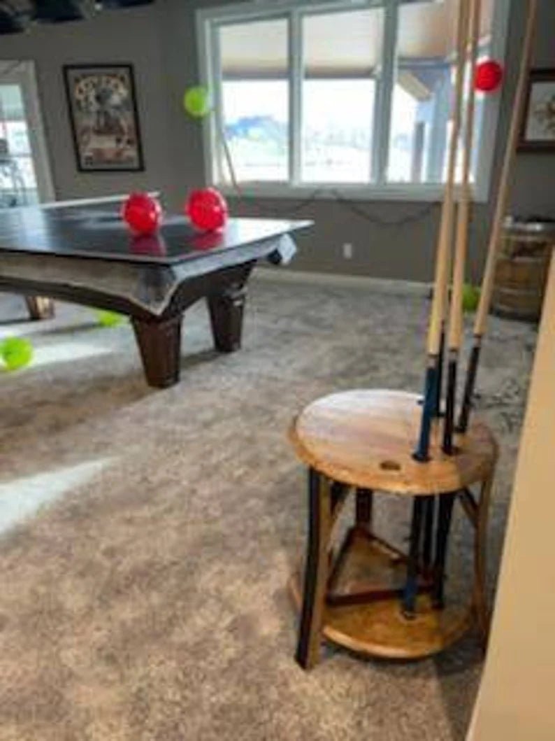 Whiskey Barrel Pool Cue Table – Rustic Mancave Game Table with Storage - 1st Choice Furniture Direct