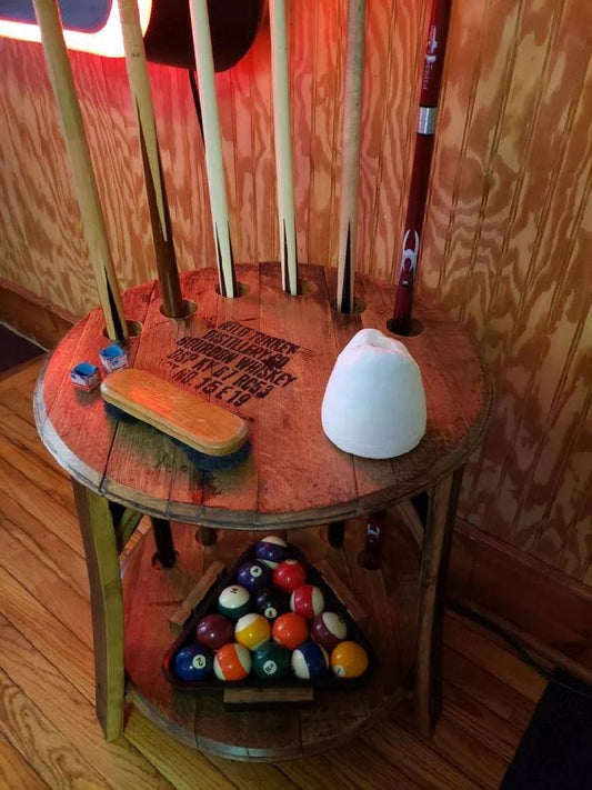 Whiskey Barrel Pool Cue Table – Rustic Mancave Game Table with Storage - 1st Choice Furniture Direct