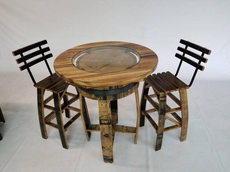 Whiskey Barrel Pub Table Set with Barrel Stave Chairs | Rustic Hickory Bar Set - 1st Choice Furniture Direct