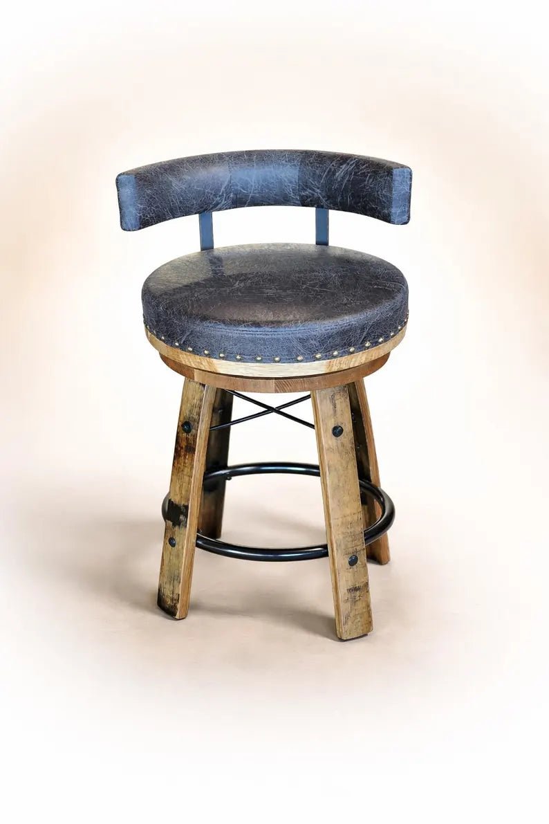 Whiskey Barrel Stave Bar Stool – Swivel Rustic Stool with Leather Cushion & Back - 1st Choice Furniture Direct