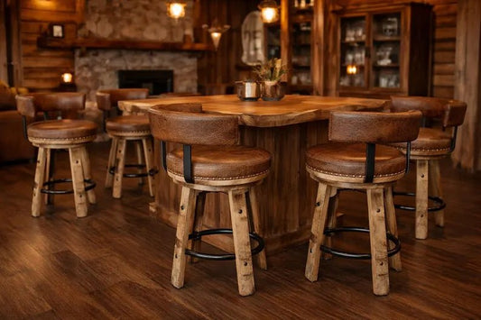 Whiskey Barrel Stave Bar Stool – Swivel Rustic Stool with Leather Cushion & Back - 1st Choice Furniture Direct