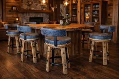 Whiskey Barrel Stave Bar Stool – Swivel Rustic Stool with Leather Cushion & Back - 1st Choice Furniture Direct