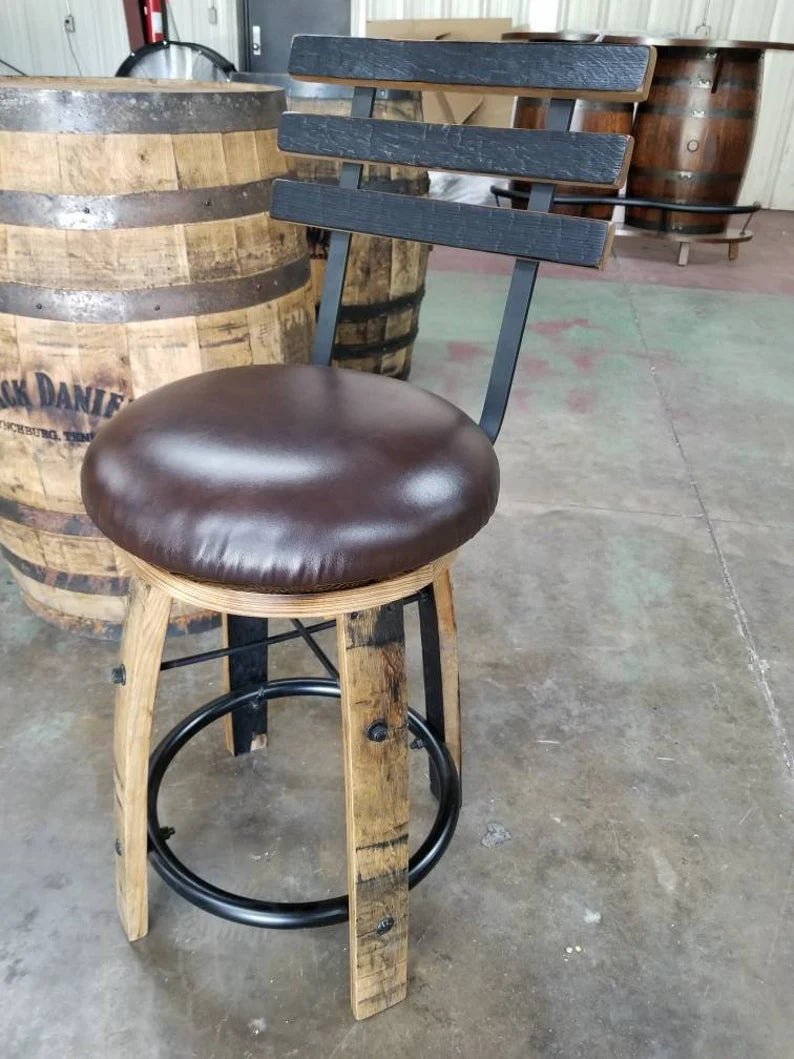 Whiskey Barrel Stave Bar Stool with Cushion & Steel Footrest - 1st Choice Furniture Direct