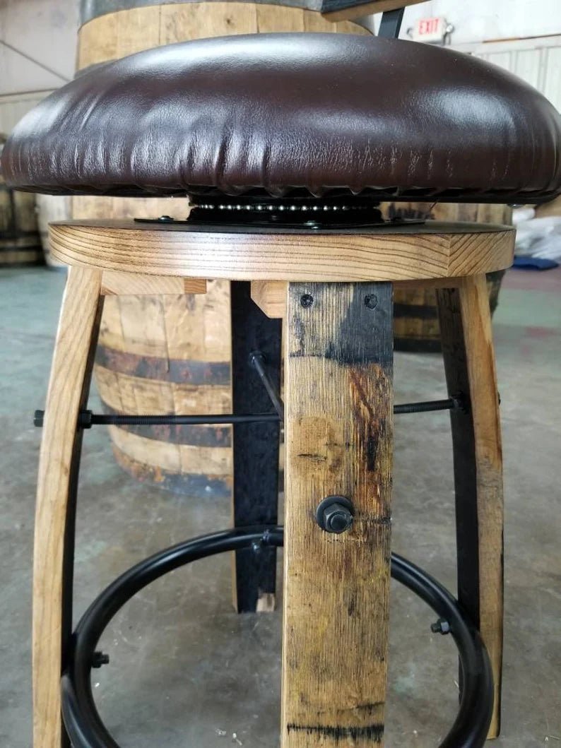 Whiskey Barrel Stave Bar Stool with Cushion & Steel Footrest - 1st Choice Furniture Direct