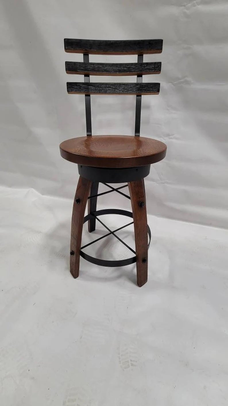 Whiskey Barrel Stave Bar Stool, Wooden Swivel Seat, Rustic Man Cave Decor - 1st Choice Furniture Direct