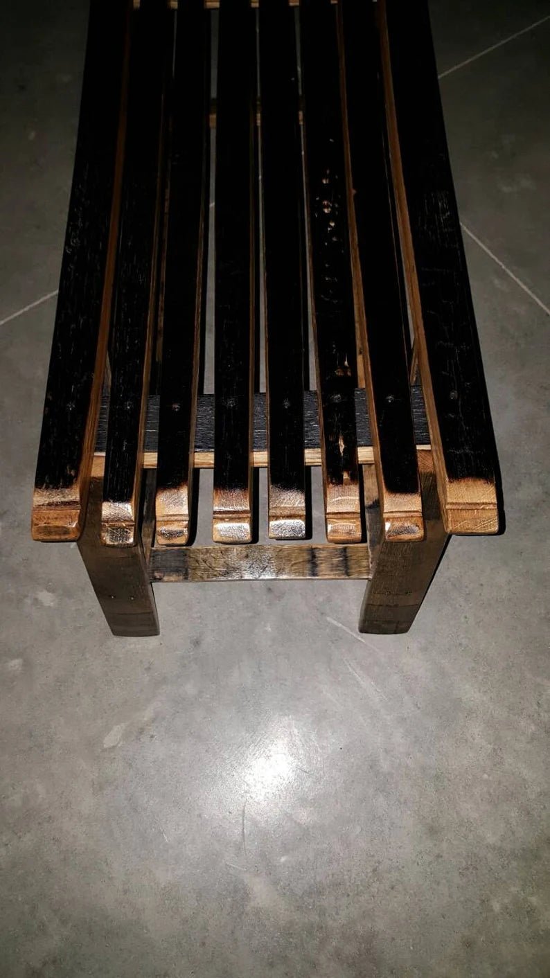 Whiskey Barrel Stave Bench – Rustic Reclaimed Wood Bench with Charred Seat - 1st Choice Furniture Direct