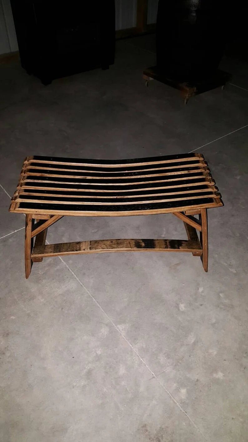 Whiskey Barrel Stave Bench – Rustic Reclaimed Wood Bench with Charred Seat - 1st Choice Furniture Direct